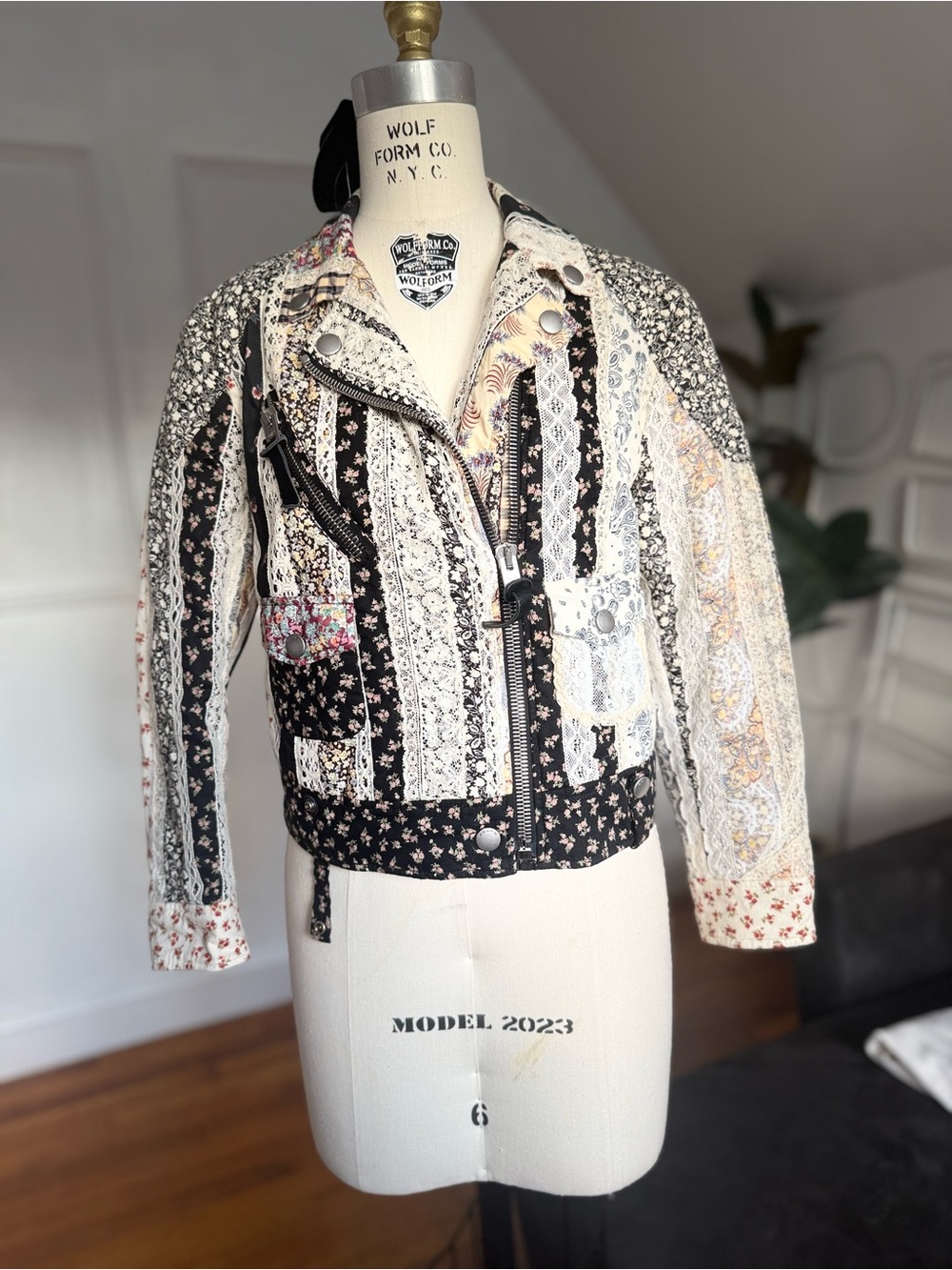 Coach Patchwork Moto Jacket - Black & Cream with Floral Accents